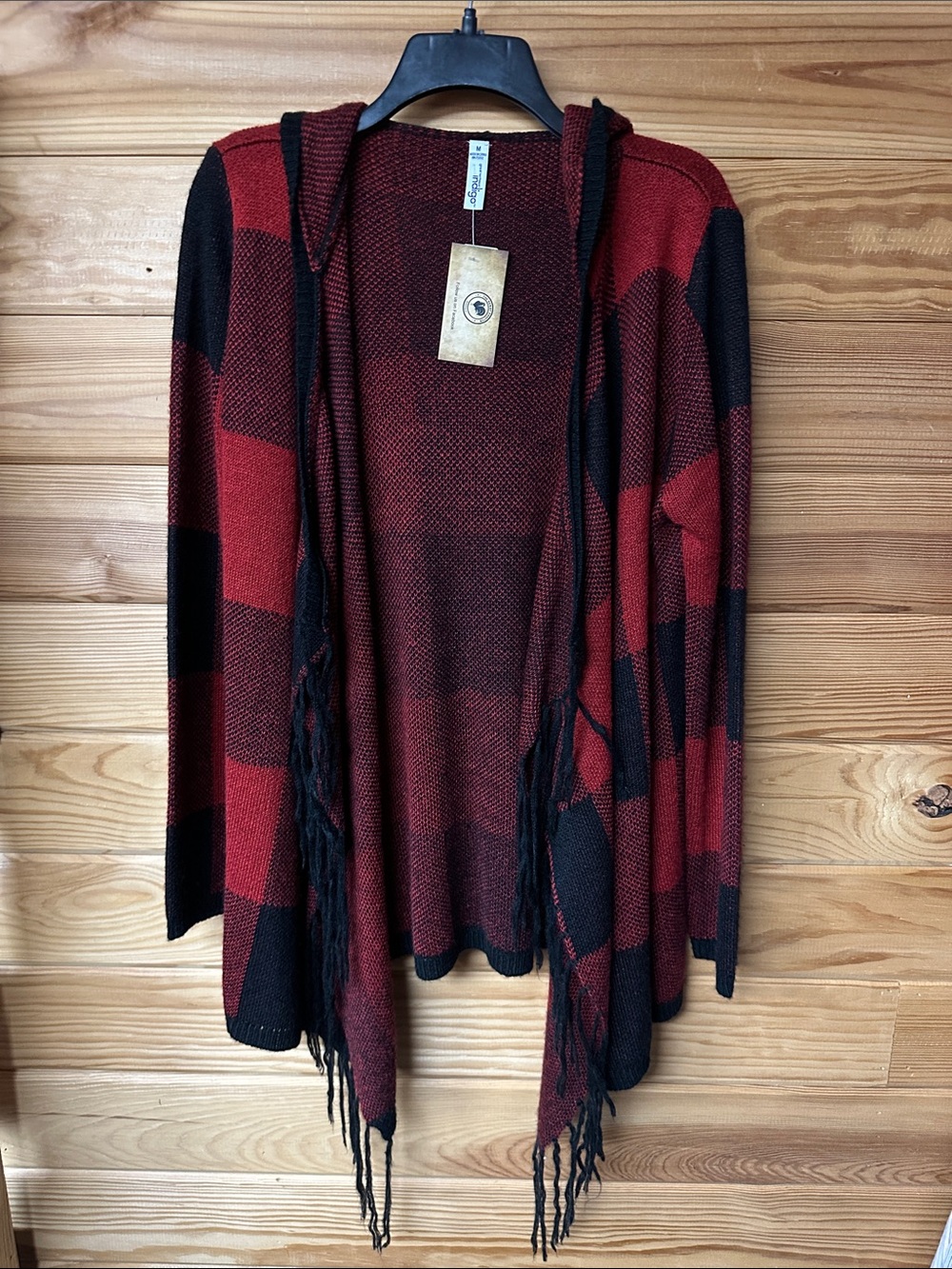 Indigo Women's Open-Front Hooded Fringe Cardigan Sweater - Red & Black Size M